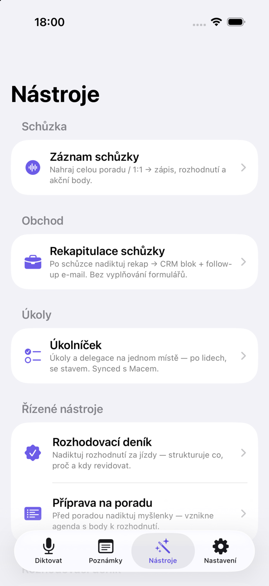 Nástroje: rekap, úkoly, delegace