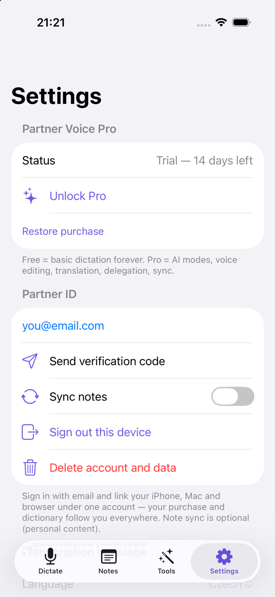 Settings and Partner ID