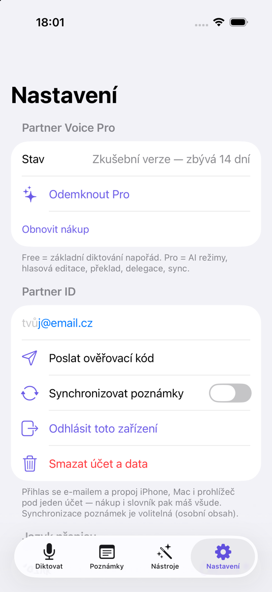 Nastavení a Partner ID
